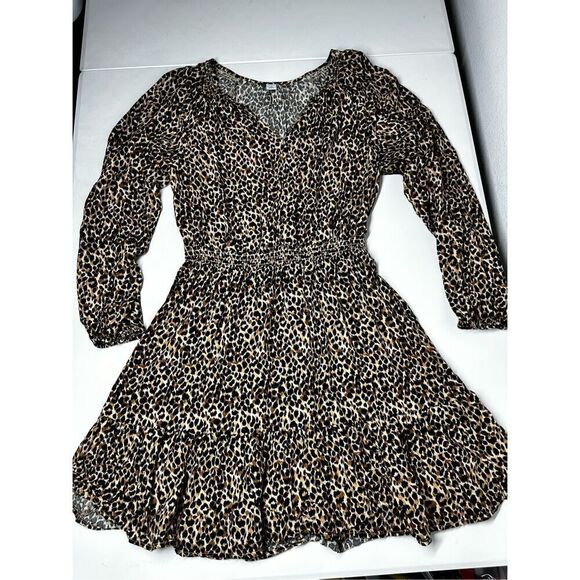 Old Navy Womens Fit & Flare Dress Multicolor Cheetah Print V Neck Long Sleeve M - Picture 3 of 9